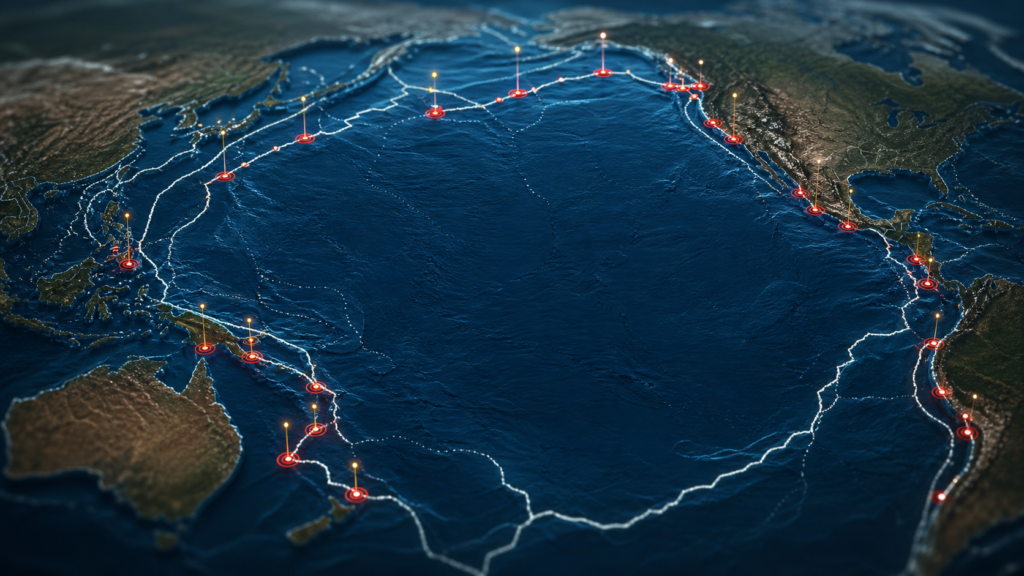 Map-style image of the Pacific Ring of Fire with earthquake markers around the Pacific Ocean.