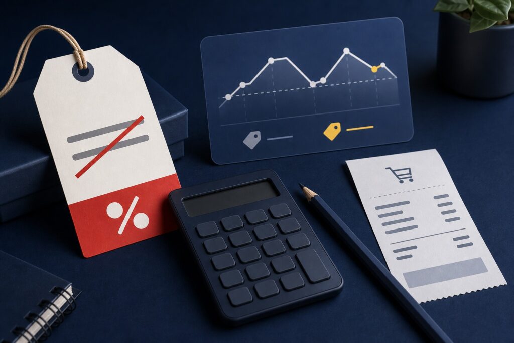Sale price tag beside a price history chart, calculator and checkout receipt.