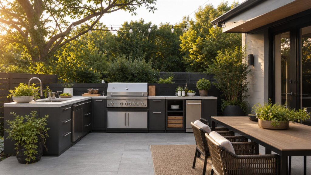 Modular outdoor kitchen with grill, prep counter, storage cabinets and dining area on a backyard patio.