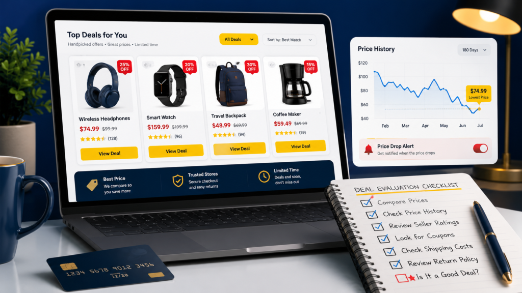 Laptop with online deal cards, price history chart and checklist for spotting a real deal before buying.