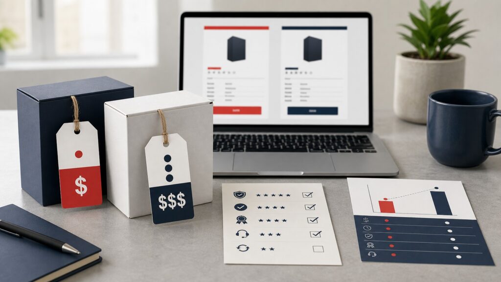 Two product boxes beside price tags and a checklist comparing cheap price with good value.