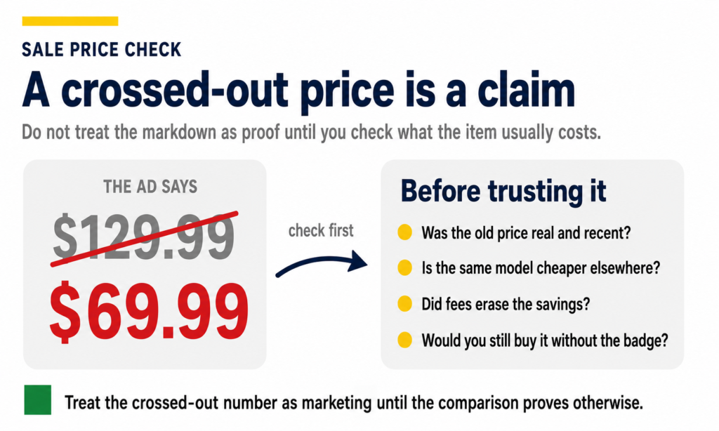 Real deal sale price infographic showing that a crossed-out price should be checked against recent price history.