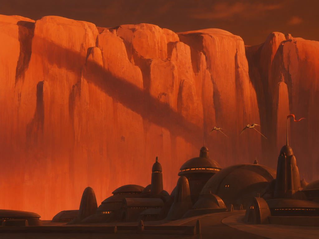 Ancient desert city on Arrakis beneath red cliffs, representing the old empire and spice world before Paul Atreides in Dune Part Three.