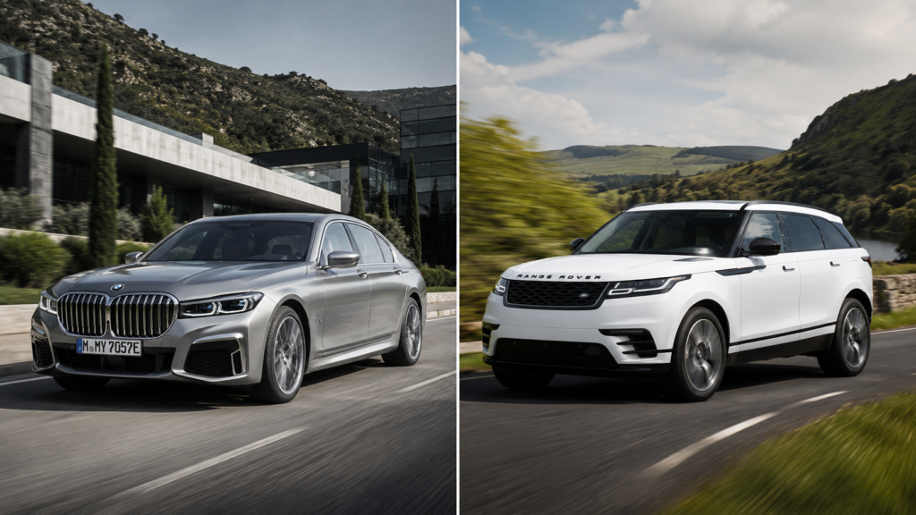 BMW 7 Series and Range Rover representing cheap used cars with luxury depreciation and repair-cost risk.