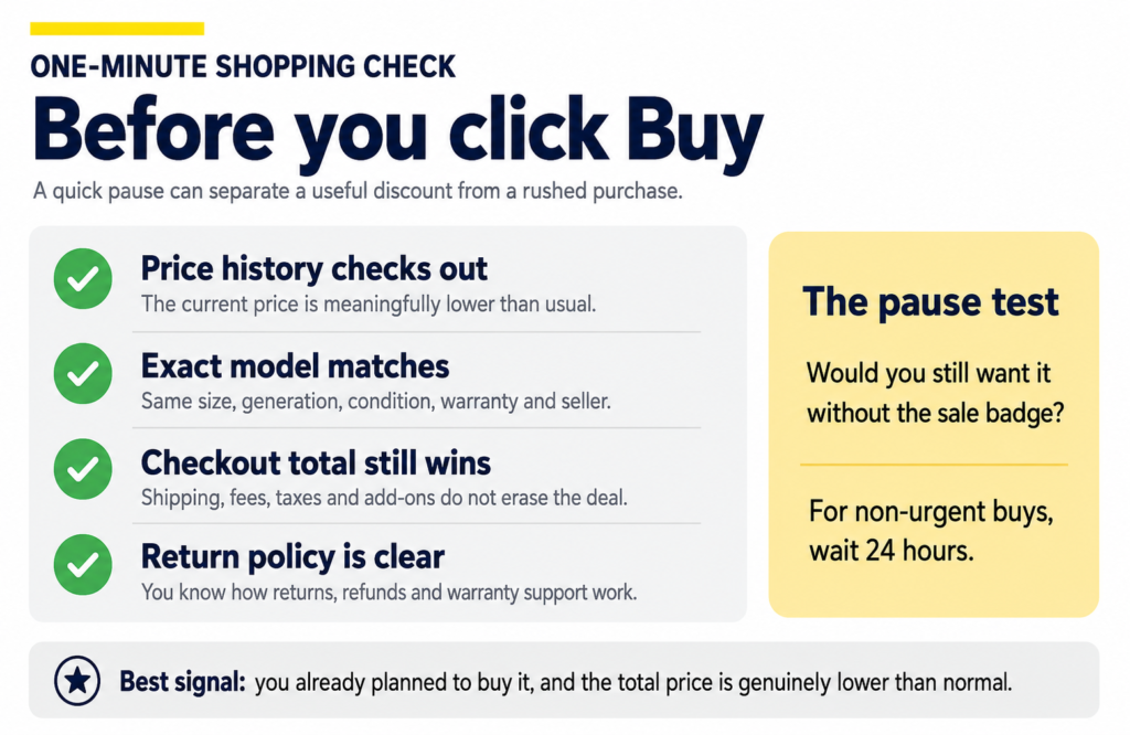 Real deal checklist for online shopping with price history, exact model, checkout total and return policy checks.