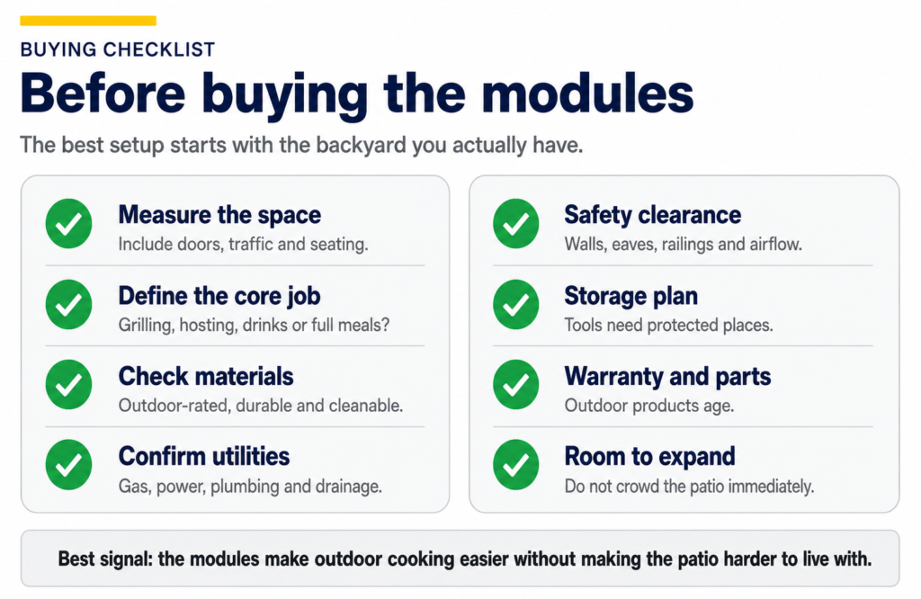 Modular outdoor kitchen buying checklist with space, materials, utilities, safety, storage and warranty checks.
