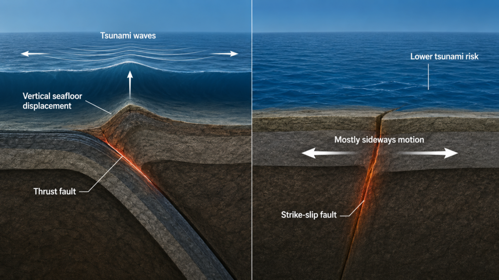 Diagram comparing an undersea thrust earthquake that lifts the seafloor and generates tsunami waves with a strike-slip earthquake that moves mostly sideways.