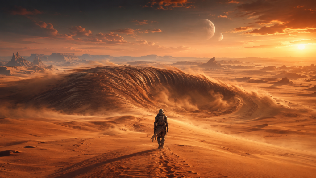 Editorial illustration of a lone figure crossing a desert planet as a massive sandworm shape moves beneath the sand.