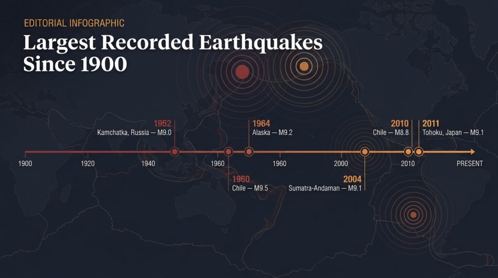 Several of the largest earthquakes recorded since 1900 occurred along subduction zones around the Pacific and nearby tectonic margins. Data: USGS.