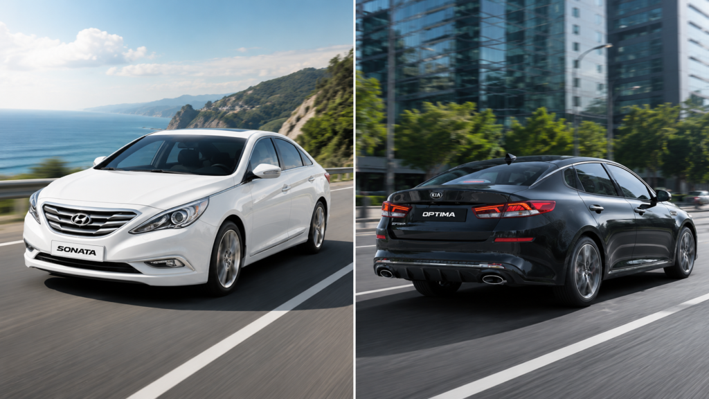 Hyundai Sonata and Kia Optima sedans representing cheap used cars with Theta II engine risk.