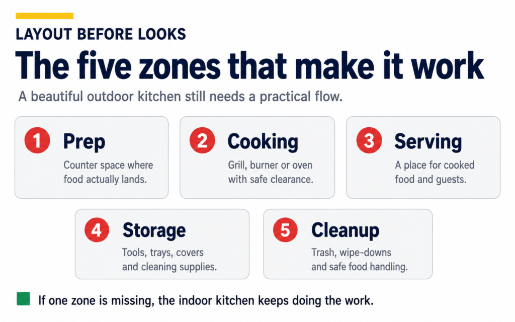Five modular outdoor kitchen layout zones: prep, cooking, serving, storage and cleanup.