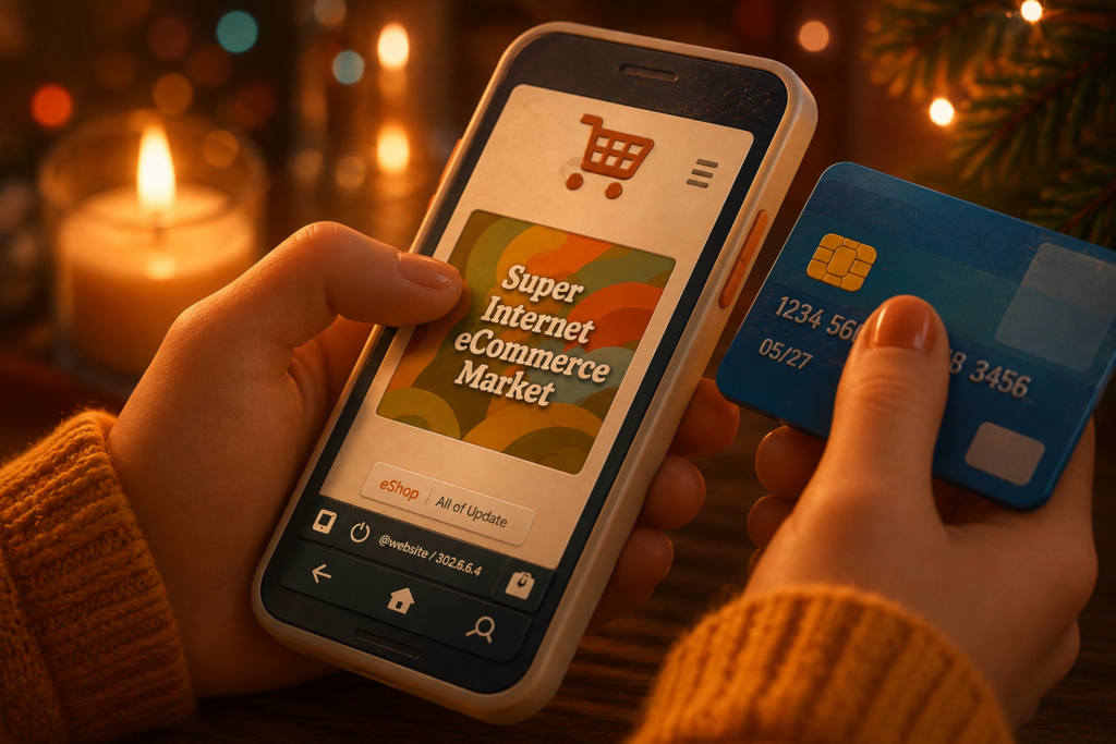 Shopper using a phone and payment card to check an online shopping offer before deciding if it is a real deal.