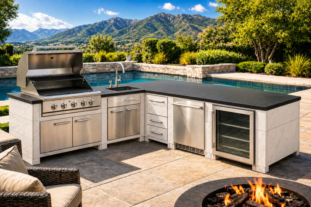 Modular outdoor kitchen with grill, sink, storage cabinets and refrigerator on a backyard patio.