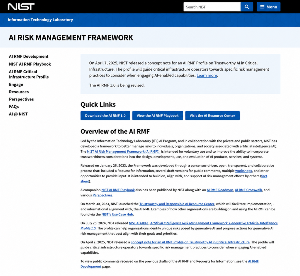 NIST AI Risk Management Framework page about managing artificial intelligence risk.