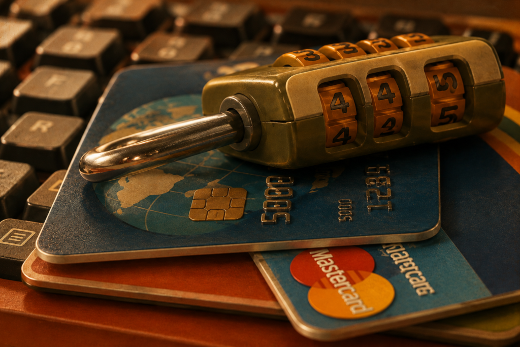 Payment cards and a combination lock symbolizing seller trust and payment safety before buying an online deal.