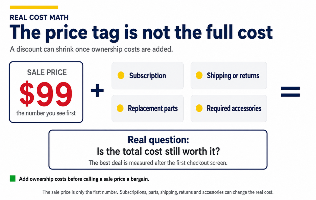 Real deal total cost infographic showing sale price plus subscriptions, shipping, returns, parts and accessories.