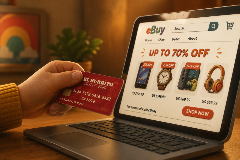 Shopper using a phone and payment card to check an online shopping offer before deciding if it is a real deal.