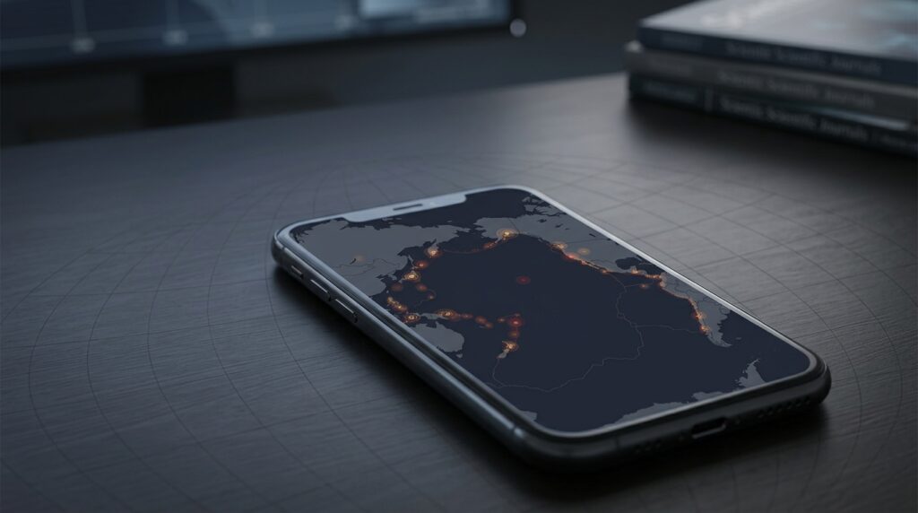 Smartphone showing a global earthquake map with markers around the Pacific Ocean.