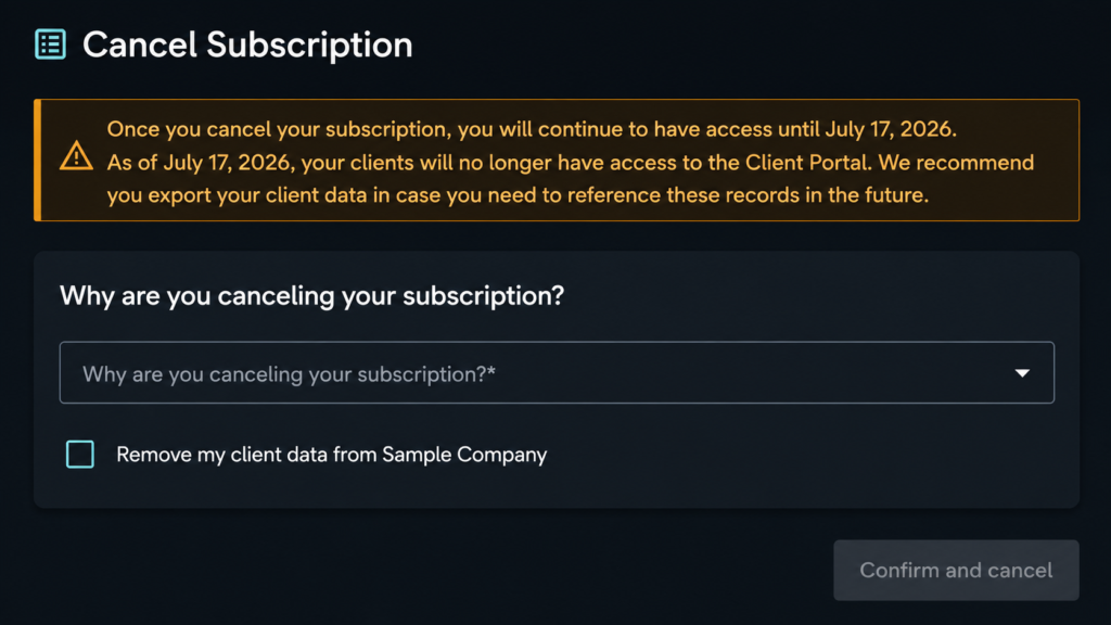 Subscription cancellation screen showing access end date, data warning and confirm cancellation button.