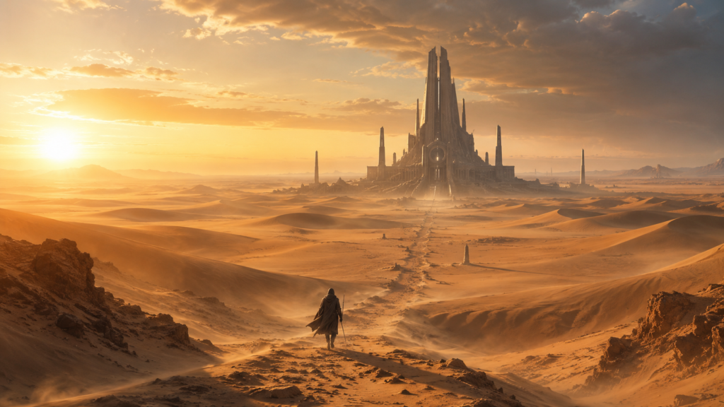 A lone path through alien dunes mirrors the long road from Paul’s rise to the consequences of Dune: Part Three.