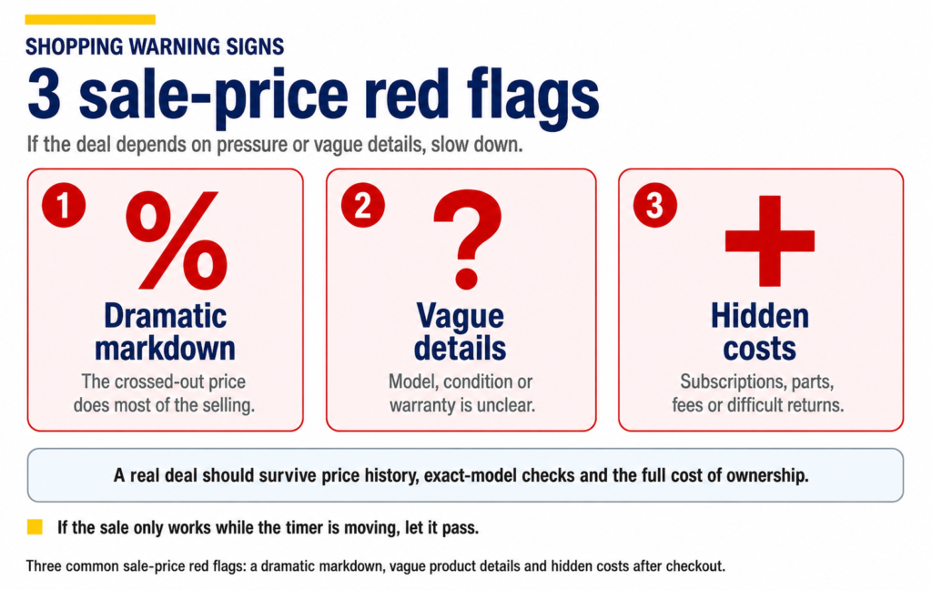 Sale price red flags infographic for spotting fake discounts, vague details and hidden costs before buying online.