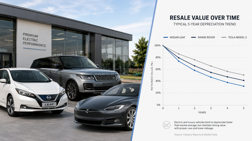 Nissan Leaf, Range Rover and Tesla Model S representing the cars that lose value the fastest after five years.