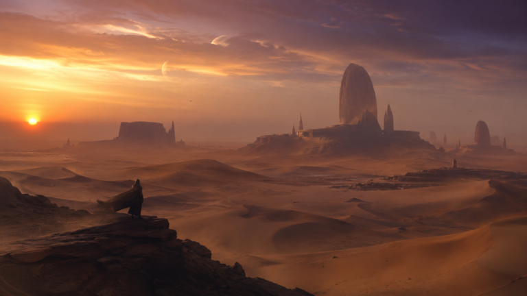 A lone traveller overlooks a vast alien desert with distant futuristic structures under an orange sunset sky.