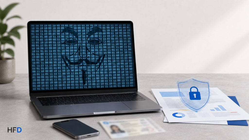Laptop showing an AI chat window beside a personal document protected by a privacy lock symbol.