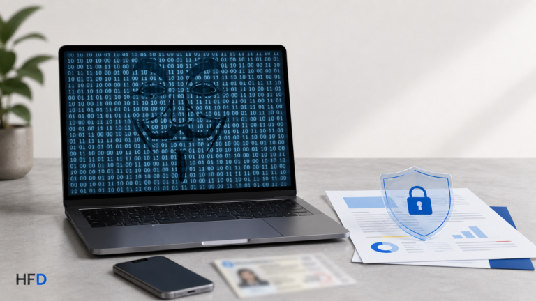 Laptop showing an AI chat window beside a personal document protected by a privacy lock symbol.
