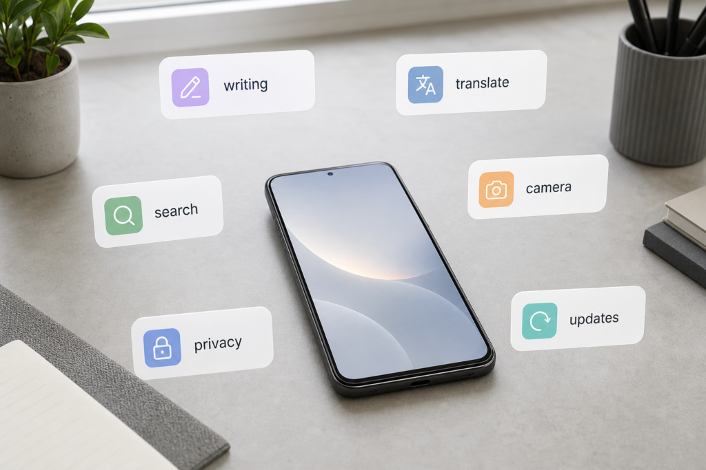 Unbranded smartphone on a desk with floating AI feature cards for writing, translation, search, camera, privacy and updates.