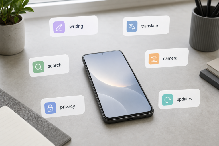 Unbranded smartphone on a desk with floating AI feature cards for writing, translation, search, camera, privacy and updates.