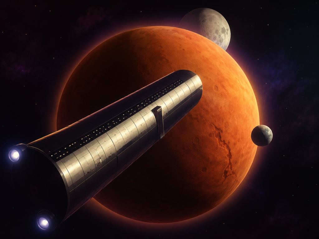Massive interstellar ship approaching the desert planet Arrakis, showing why spice makes the world central to Dune.