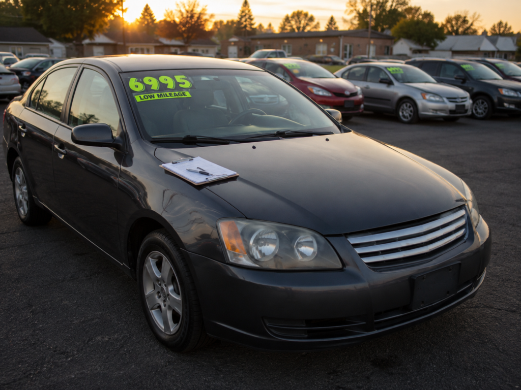 Cheap used car on a dealership lot with a price sticker and inspection checklist.