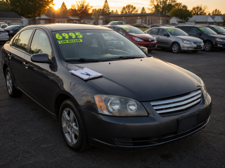 Cheap used car on a dealership lot with a price sticker and inspection checklist.