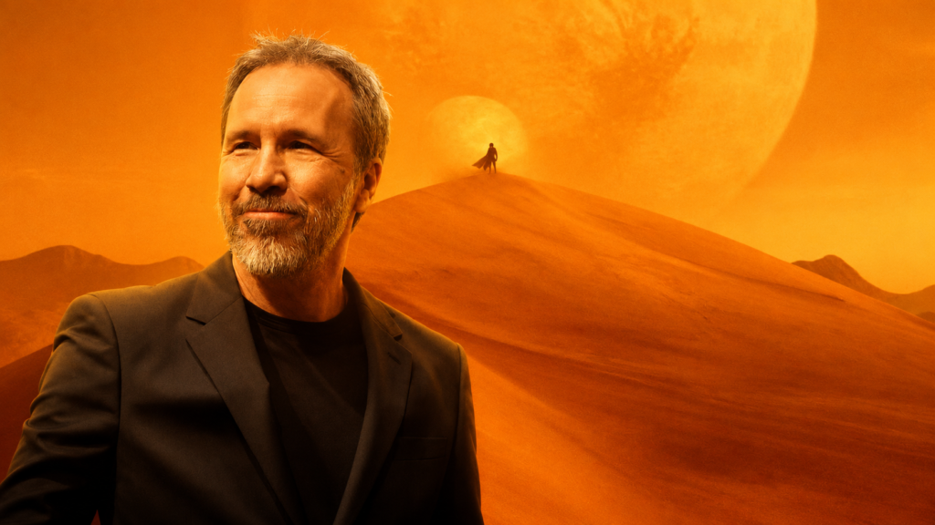 Denis Villeneuve-inspired figure in front of desert dunes with a lone silhouette in the distance, representing Paul’s fearful destiny in Dune.