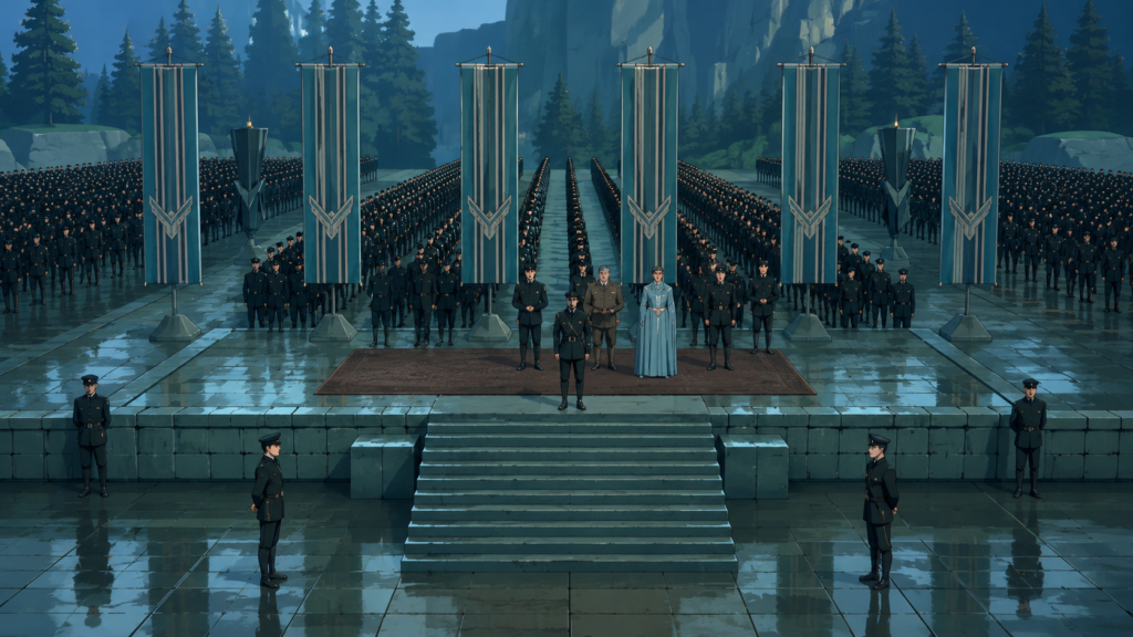 Formal sci-fi military ceremony on a rainy noble world, representing how Dune movies keep the story’s warning even when book details are left out.
