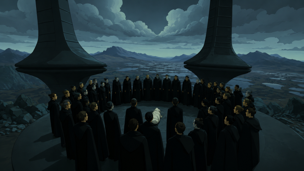 Solemn sci-fi gathering around a central figure on a distant world, representing what to remember before Dune Part Three.