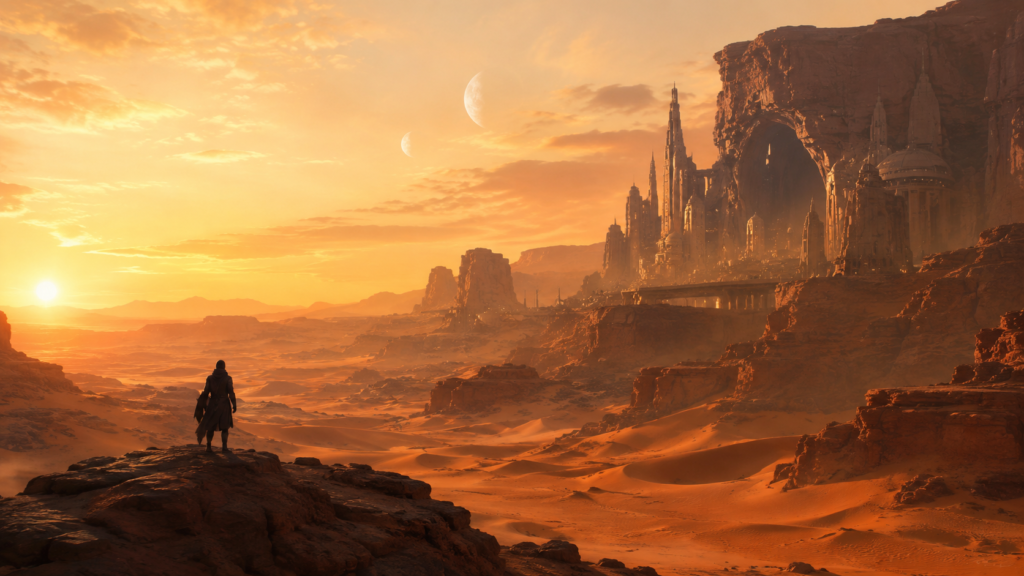 A lone traveller looks across a vast alien desert toward a distant futuristic city at sunset, from dune: Part three.