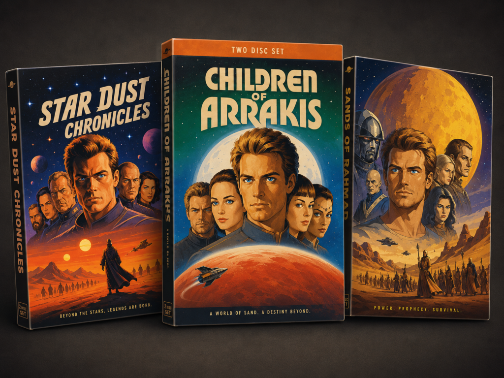 Fictional sci-fi adaptation boxes showing desert planets and ensemble casts, representing why Dune is difficult to adapt for film and television.