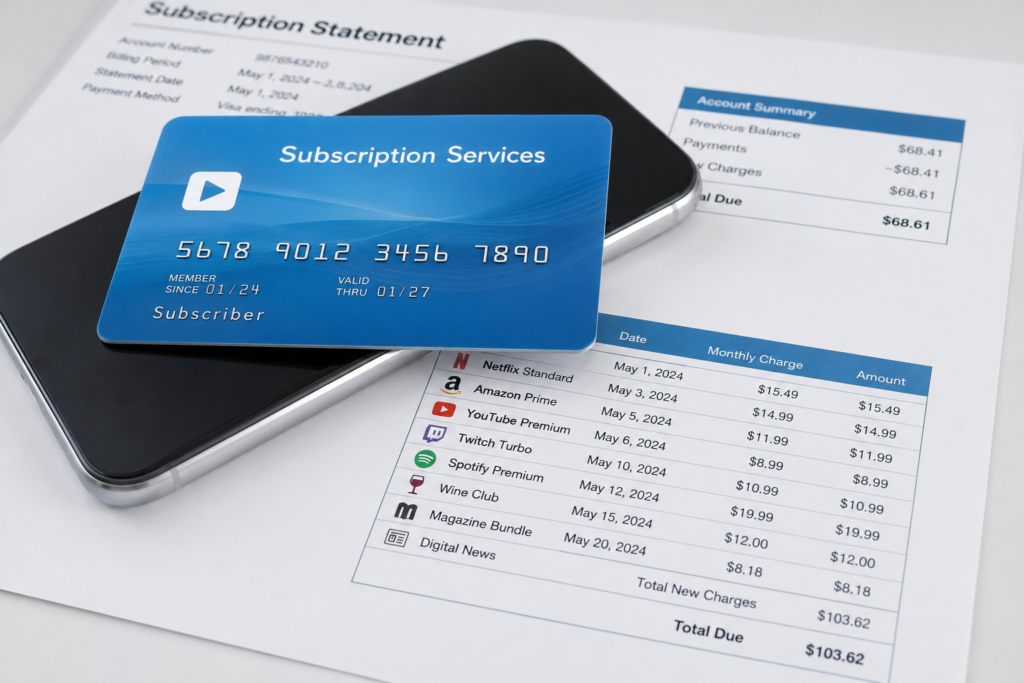 Subscription billing statement showing monthly charges, renewal dates and annual subscription estimates.