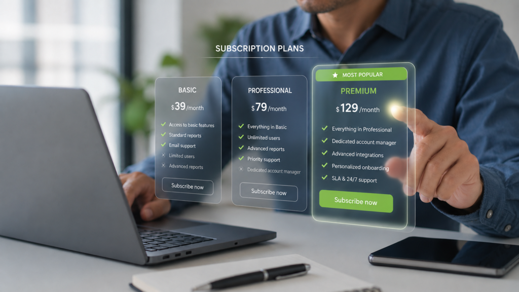 erson reviewing subscription plans on a laptop before choosing a recurring monthly payment.