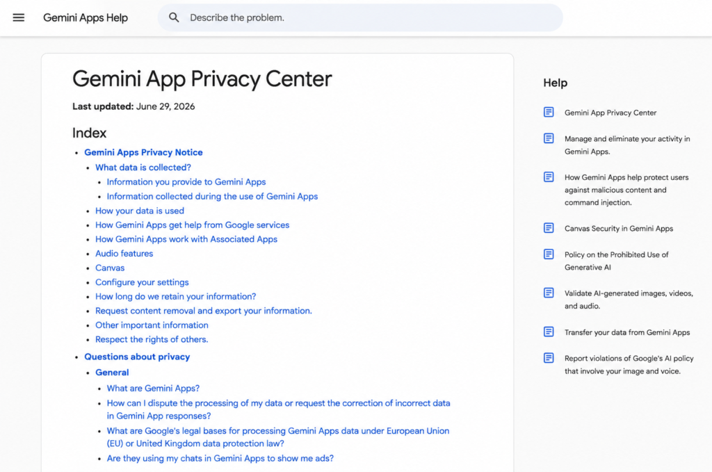 Google Gemini Apps Privacy Hub page explaining privacy and data handling for Gemini users.