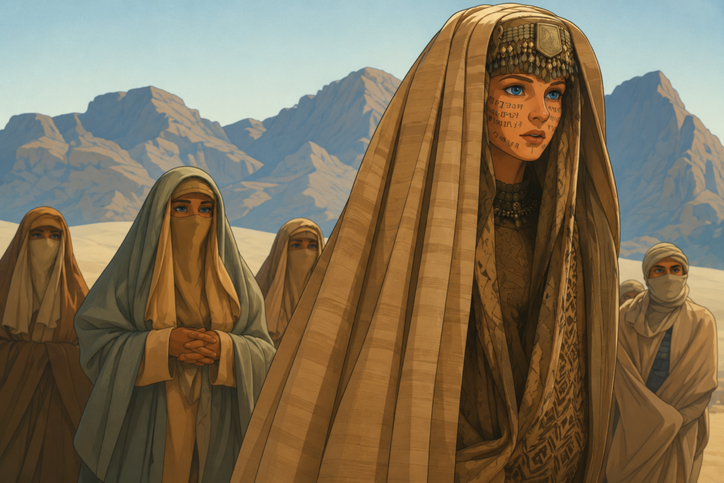 Lady Jessica-inspired robed woman with blue eyes and symbolic markings, representing prophecy and Bene Gesserit influence in Dune.