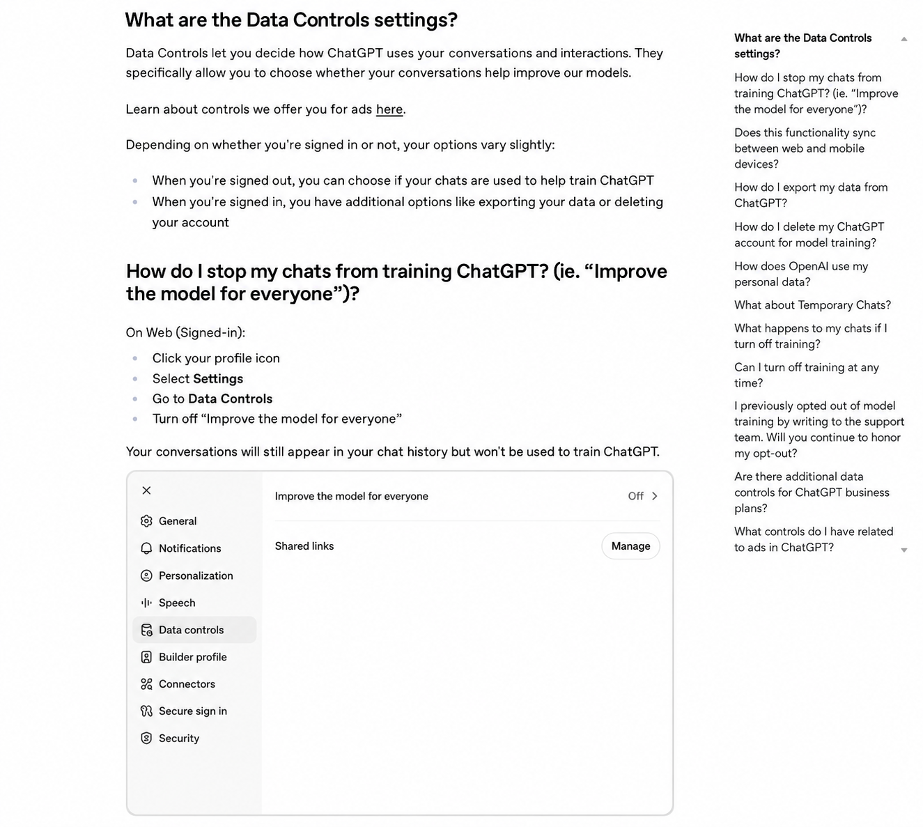OpenAI Help Center page about ChatGPT data controls and privacy settings.