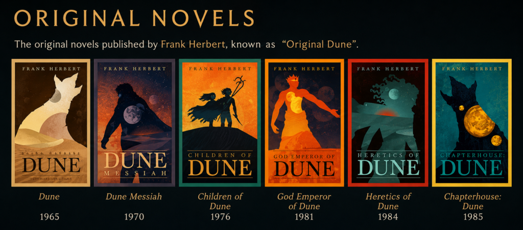 Screenshot showing the six original Dune novels by Frank Herbert listed from Dune to Chapterhouse Dune.