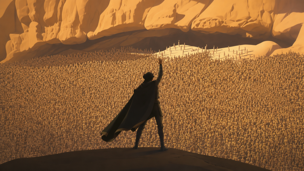 Lone cloaked figure standing before a massive desert crowd, representing Paul Atreides and the hero trap in Dune.