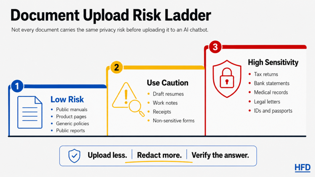 Infographic showing low-risk, caution and high-sensitivity document types for AI chatbot uploads.