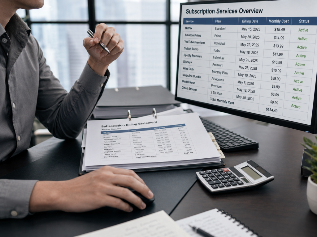 Person reviewing a subscription services overview with monthly costs, billing dates and active recurring charges.