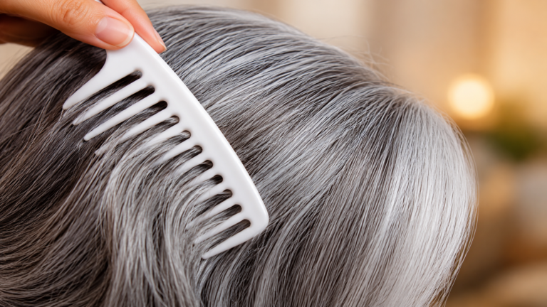 Close-up of gray hair being combed, representing stress, aging, and hair pigmentation changes