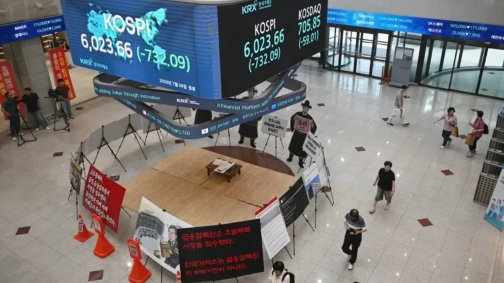 South Korea market crash reflected on a KOSPI board inside the Korea Exchange as the index falls sharply.